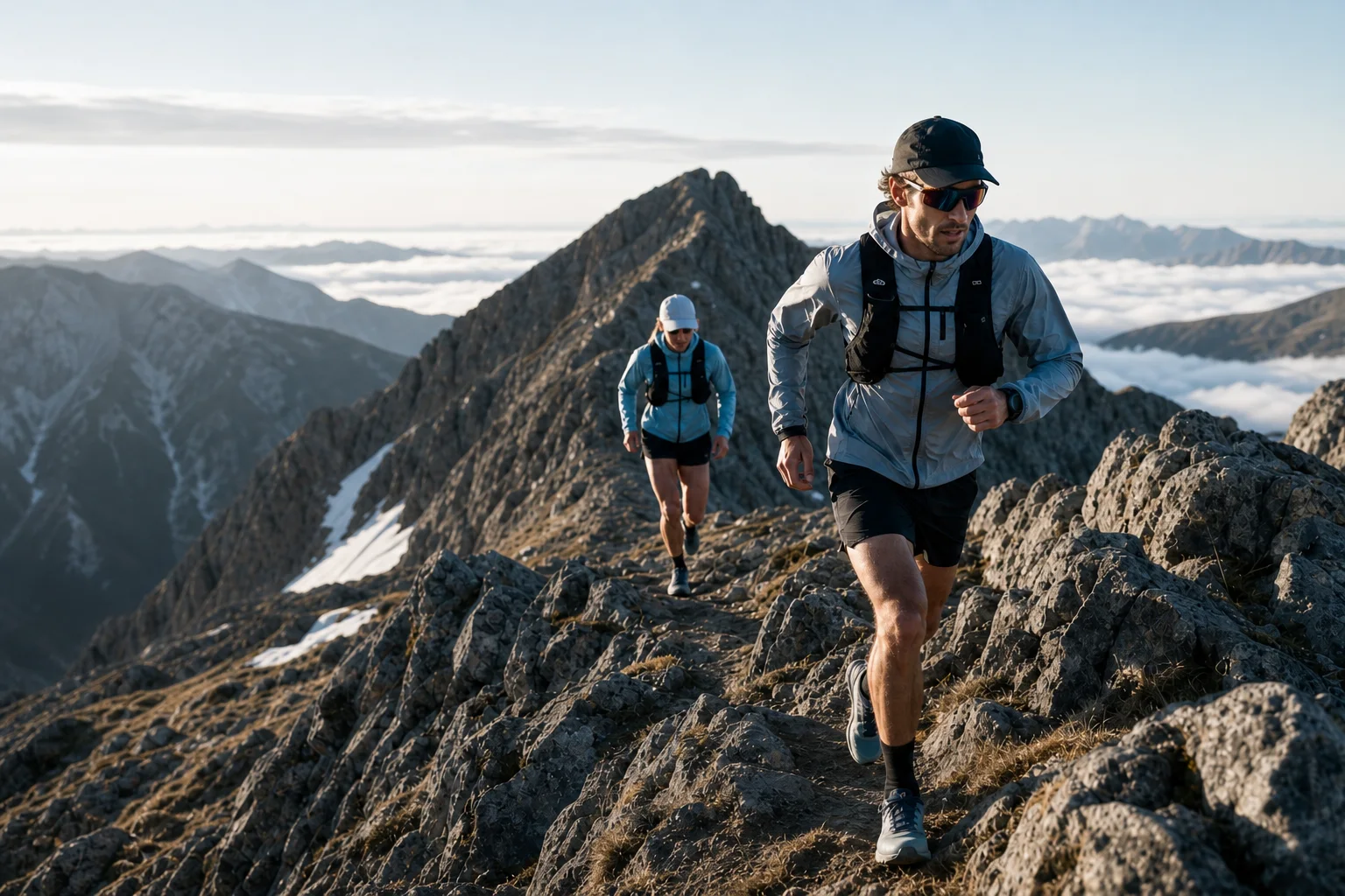 Two trail runners moving along a high mountain ridge